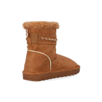 360 degree animation of product Girls Brown Faux Fur Chain Strap Boots frame-15