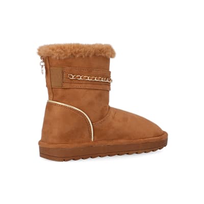 360 degree animation of product Girls Brown Faux Fur Chain Strap Boots frame-16