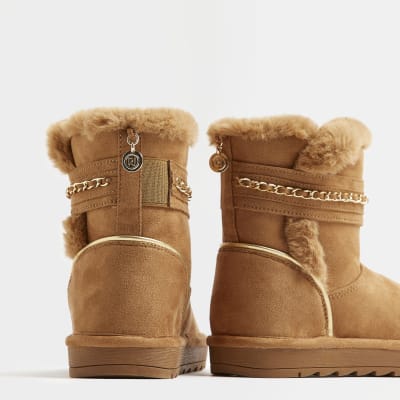 Girls Brown Faux Fur Chain Strap Boots