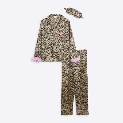 Girls Brown Faux Fur Cuff Leopard Pyjamas River Island