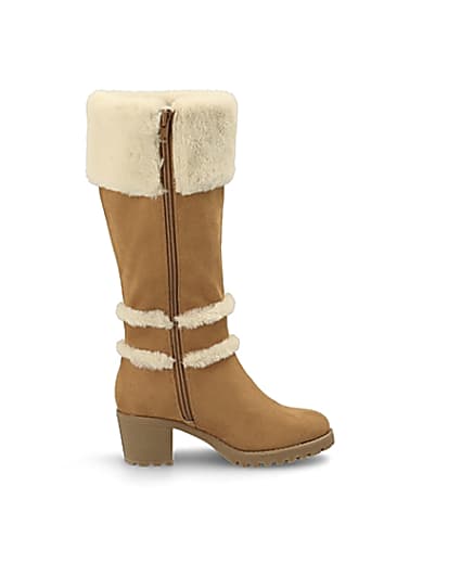360 degree animation of product Girls brown faux fur knee high boots frame-15