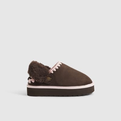 Girls Brown Faux Fur Lined Slippers