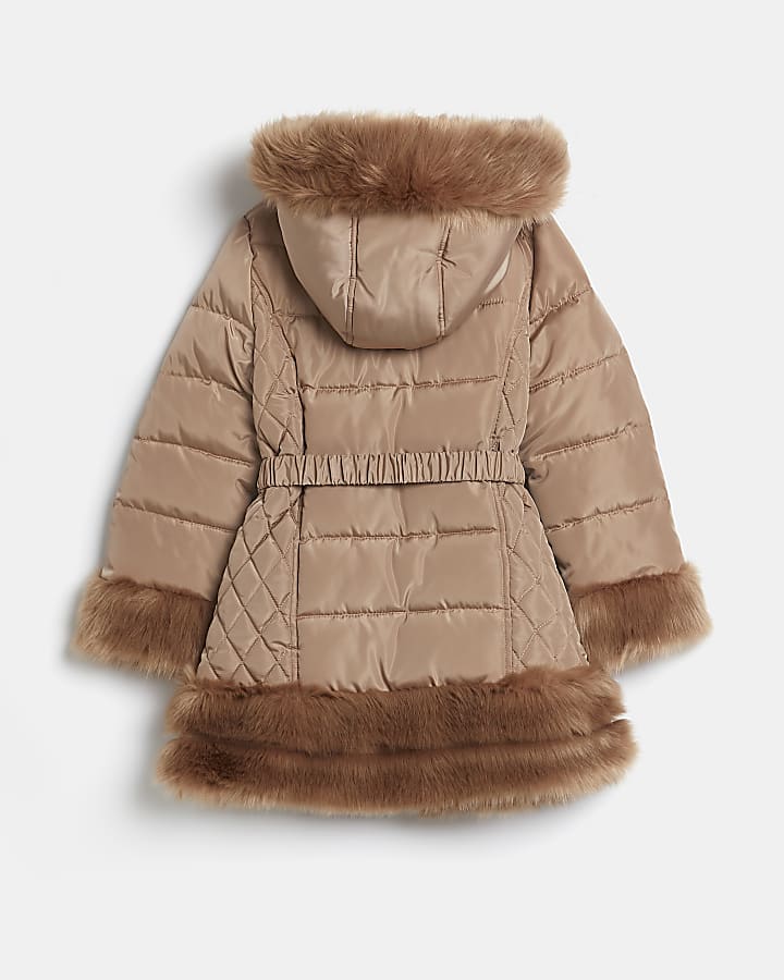 Girls brown faux fur puffer coat