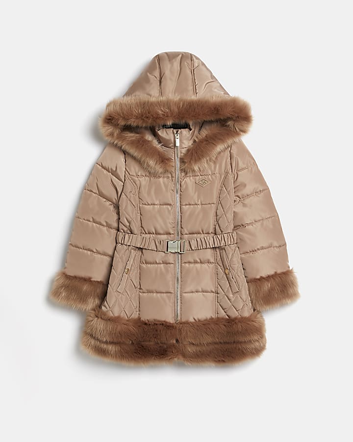 Girls brown faux fur puffer coat