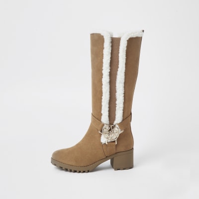 brown leather boots with fur trim