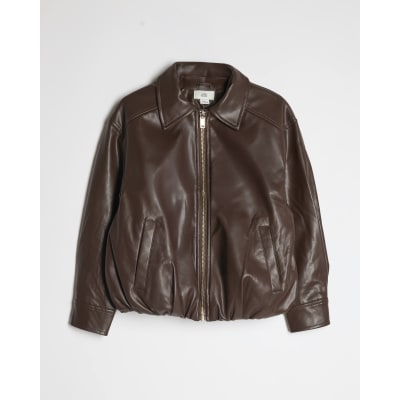 Girls Brown Faux Leather Bubble Bomber Jacket