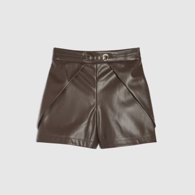 Girls Brown Faux Leather Tulip Pleated Shorts