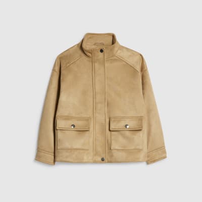 Girls Brown Faux Suede Funnel Bomber Jacket