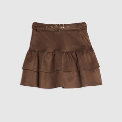 Girls Brown Faux Suede Tiered Skirt