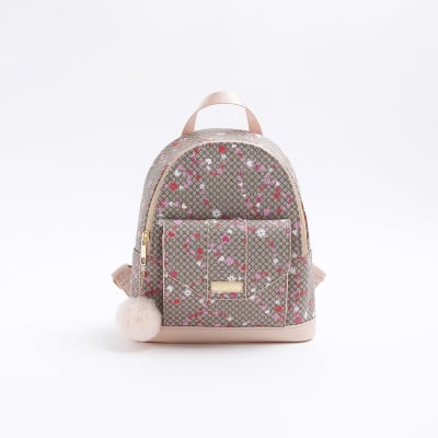 Girls brown floral monogram backpack River Island