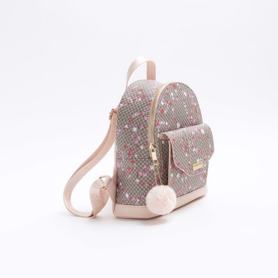 Girls brown floral monogram backpack River Island