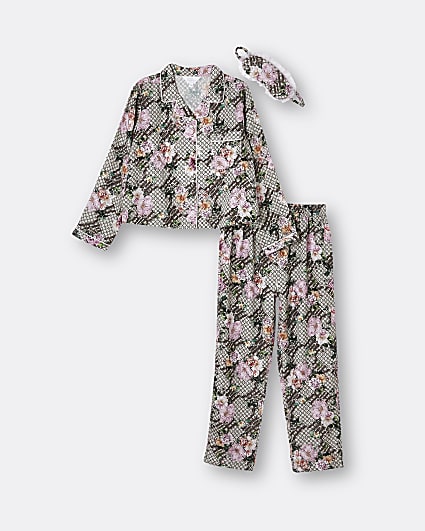 Girls brown floral monogram print pyjama set
