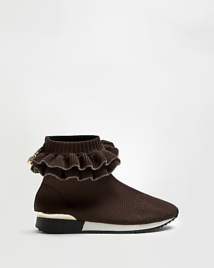 Girls brown frill knit high top trainers