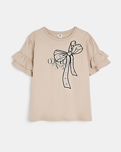 Girls Brown Frill Sequin Bow T-shirt