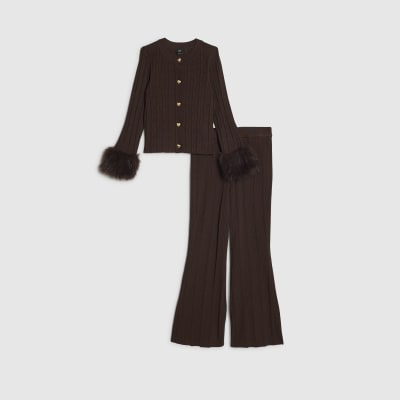Girls Brown Fur Cuff Textured Cardigan Set