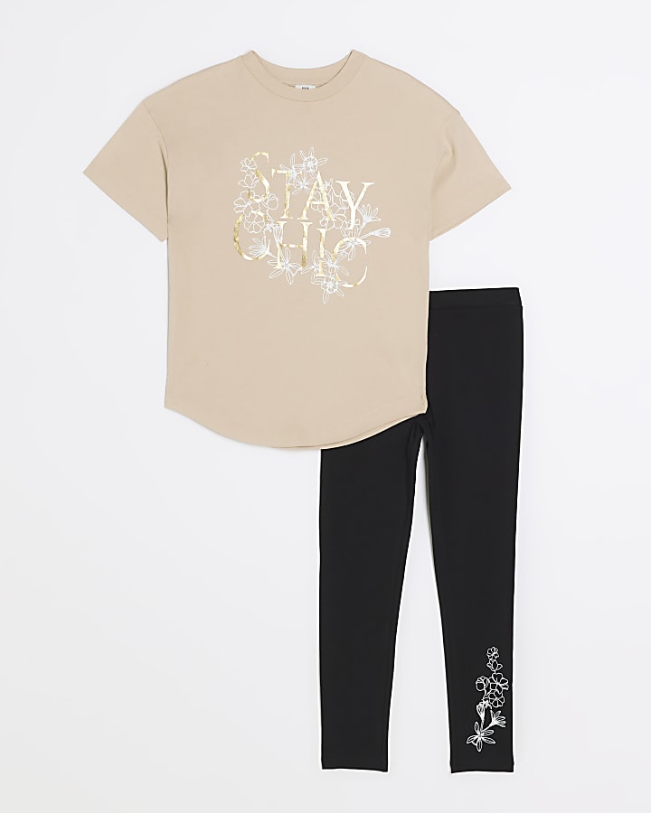 Girls brown graphic t-shirt and leggings set