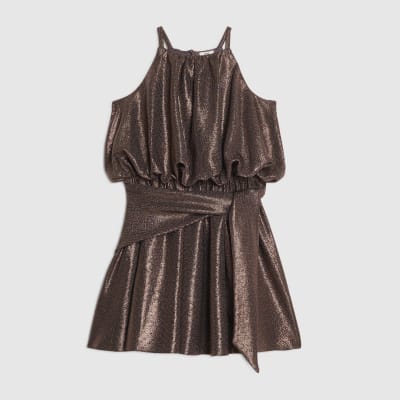 Girls Brown Halter Neck Metallic Skater Dress