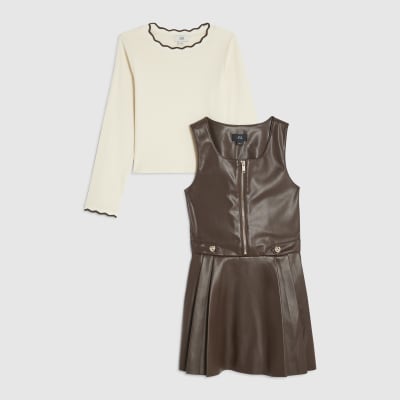 Girls Brown Heart Stud Pleated Pinafore Dress