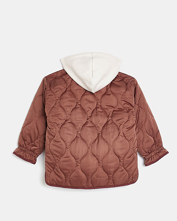 Girls brown hooded quilted puffer jacket