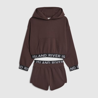 Girls Brown Hoodie And Shorts Set
