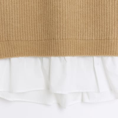 Girls brown knitted hybrid shirt jumper dress River Island