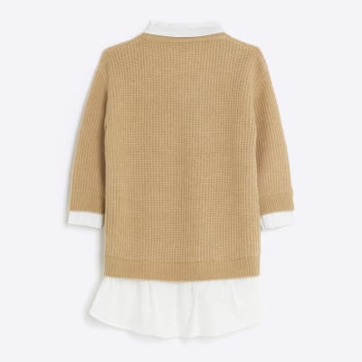 Girls brown knitted hybrid shirt jumper dress | River Island