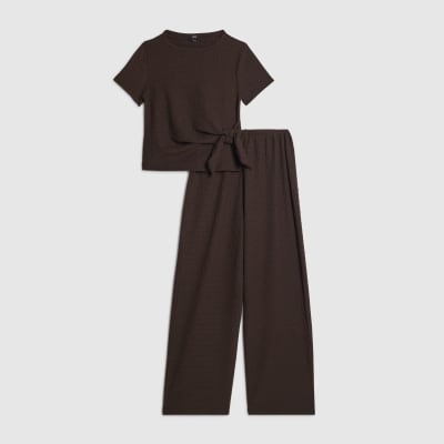 Girls Brown Knot Front T-Shirt & Trouser Set