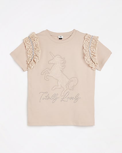 Girls brown lace sleeve unicorn t-shirt