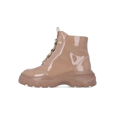 360 degree animation of product Girls brown lace up patent hiker boots frame-3