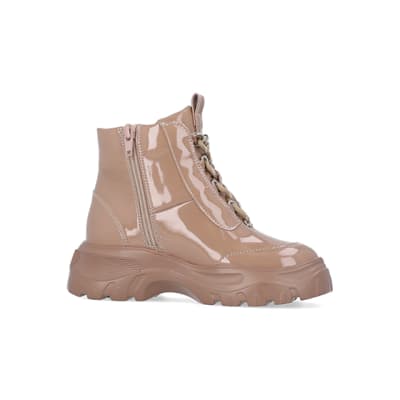360 degree animation of product Girls brown lace up patent hiker boots frame-16
