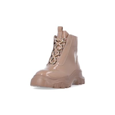 360 degree animation of product Girls brown lace up patent hiker boots frame-23