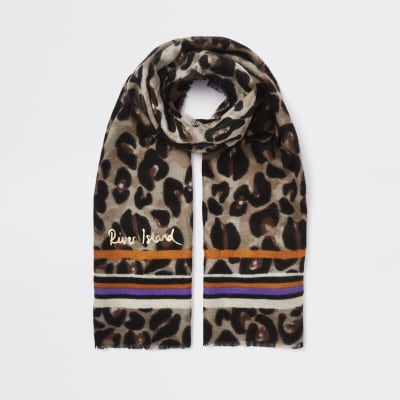Girls brown leopard and stripe print scarf