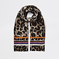 Girls brown leopard and stripe print scarf