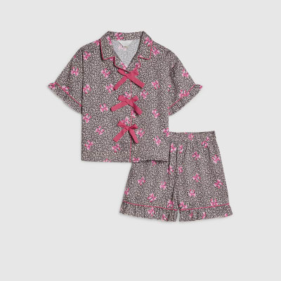 Girls Brown Leopard Bow Print Satin Pyjamas