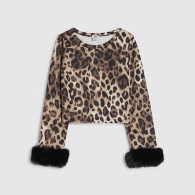 Girls Brown Leopard Faux Fur Cuff Top