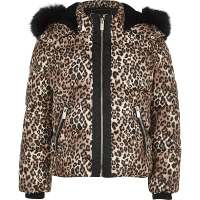 Girls brown leopard faux fur padded jacket | River Island