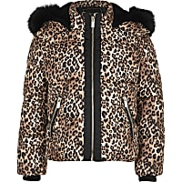 Girls brown leopard faux fur padded jacket