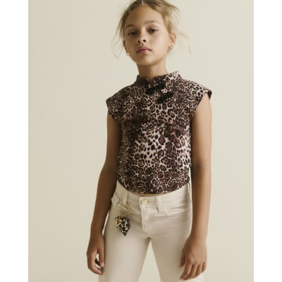 Girls Brown Leopard Frogging Detail Top