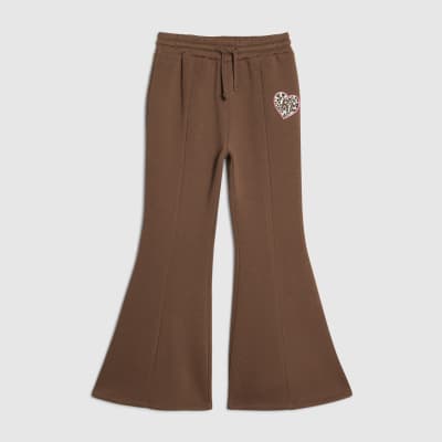 Girls Brown Leopard Heart Flared Joggers