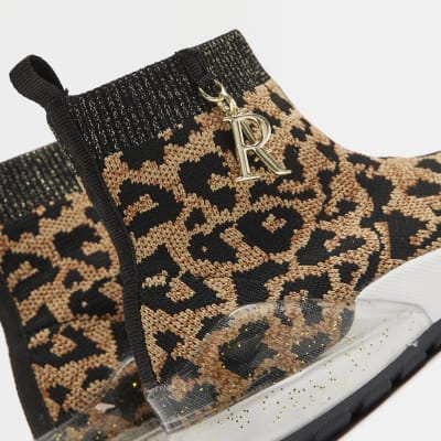 Girls brown leopard knitted high top trainers