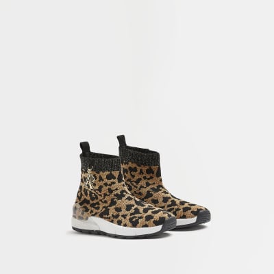 Girls brown leopard knitted high top trainers