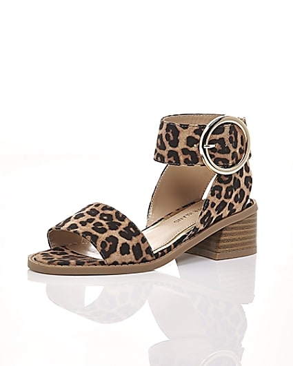 360 degree animation of product Girls brown leopard print block heel sandals frame-0