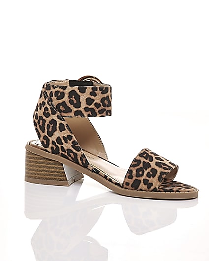 360 degree animation of product Girls brown leopard print block heel sandals frame-8