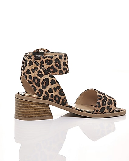360 degree animation of product Girls brown leopard print block heel sandals frame-11