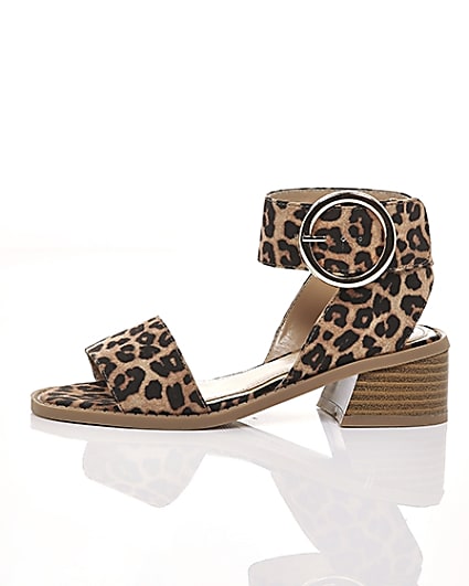 360 degree animation of product Girls brown leopard print block heel sandals frame-22