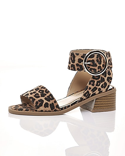360 degree animation of product Girls brown leopard print block heel sandals frame-23
