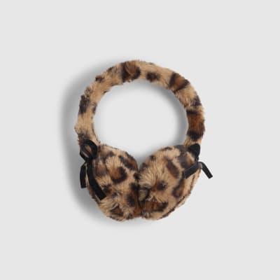 Girls Brown Leopard Print Bow Earmuffs