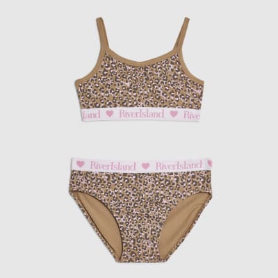 Girls Brown Leopard Print Crop Top Set