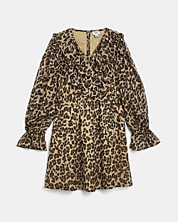 Girls Brown Leopard Print Frill Dress