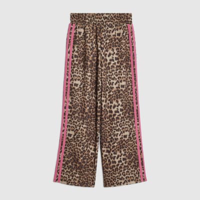 Girls Brown Leopard Print Side Stripe Joggers